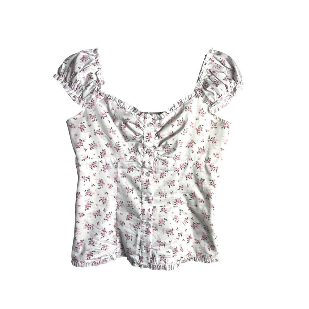 Hollister Pink Floral Puff Sleeves Babydoll Top Size Med Smocked Cottagecore